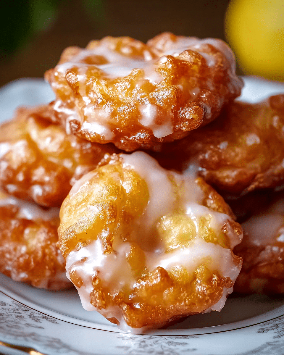A close-up image of several round, golden-brown fritters stacked closely together, each with a crispy, textured surface showing small bubbles and irregular shapes. The fritters are drizzled with a glossy, white glaze that contrasts with their warm, fried color, with the glaze flowing unevenly over the tops and sides, adding a shiny, sweet appearance. The background shows a white marbled texture, softly blurred to keep focus on the fritters' details. Photo taken with an iphone --ar 4:5 --v 7