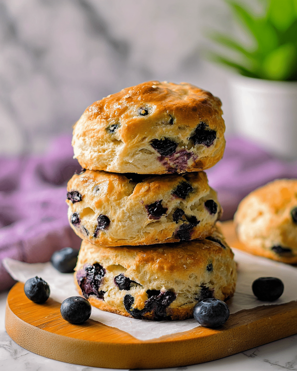 A stack of three golden brown blueberry scones is shown sitting on white parchment paper over a wooden board. Each scone has a rough, slightly cracked texture with baked blueberries peeking through the dough, giving dark blue spots across the warm, light brown surface. Around the base of the stack, several fresh blueberries rest on the parchment. In the blurred background, there is a hint of a light purple cloth and a small plant with dark green leaves. The setting is on a white marbled texture. photo taken with an iphone --ar 4:5 --v 7