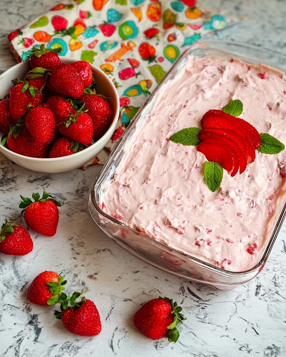 A clear rectangular glass dish holds a creamy pink strawberry dessert with visible small crushed strawberry pieces mixed throughout, topped with a fresh strawberry fan and a few green mint leaves on the top right corner. Next to the dish, on the left side, there is a white bowl filled with whole bright red strawberries with green leaves, some strawberries scattered around on a white marbled surface. The background includes a colorful cloth with fruit patterns. Photo taken with an iphone --ar 4:5 --v 7