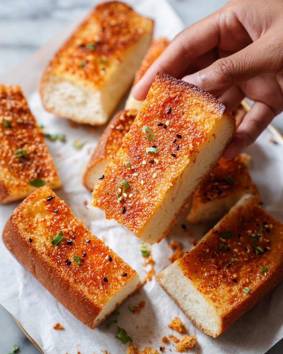 The image shows several rectangular pieces of toasted bread with a thick, crispy golden brown top layer that looks slightly caramelized and sprinkled with small green herbs and black seeds. The bread's interior is soft and fluffy with a light cream color and visible air bubbles. The pieces are placed on white parchment paper inside a metal baking tray, which sits on a white marbled surface. Small bits of green herbs and scattered crumbs surround the bread pieces, adding texture to the scene. photo taken with an iphone --ar 4:5 --v 7