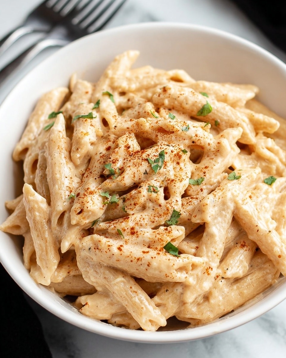 The image shows a close-up of a black slow cooker filled with creamy penne pasta mixed with shredded chicken. The pasta is coated with a light beige sauce and is sprinkled with small green herb pieces and a light dusting of orange seasoning. A wooden spoon with a smooth texture is placed inside the slow cooker, partially buried in the pasta mix. The background surface has a white marbled texture. Photo taken with an iphone --ar 4:5 --v 7