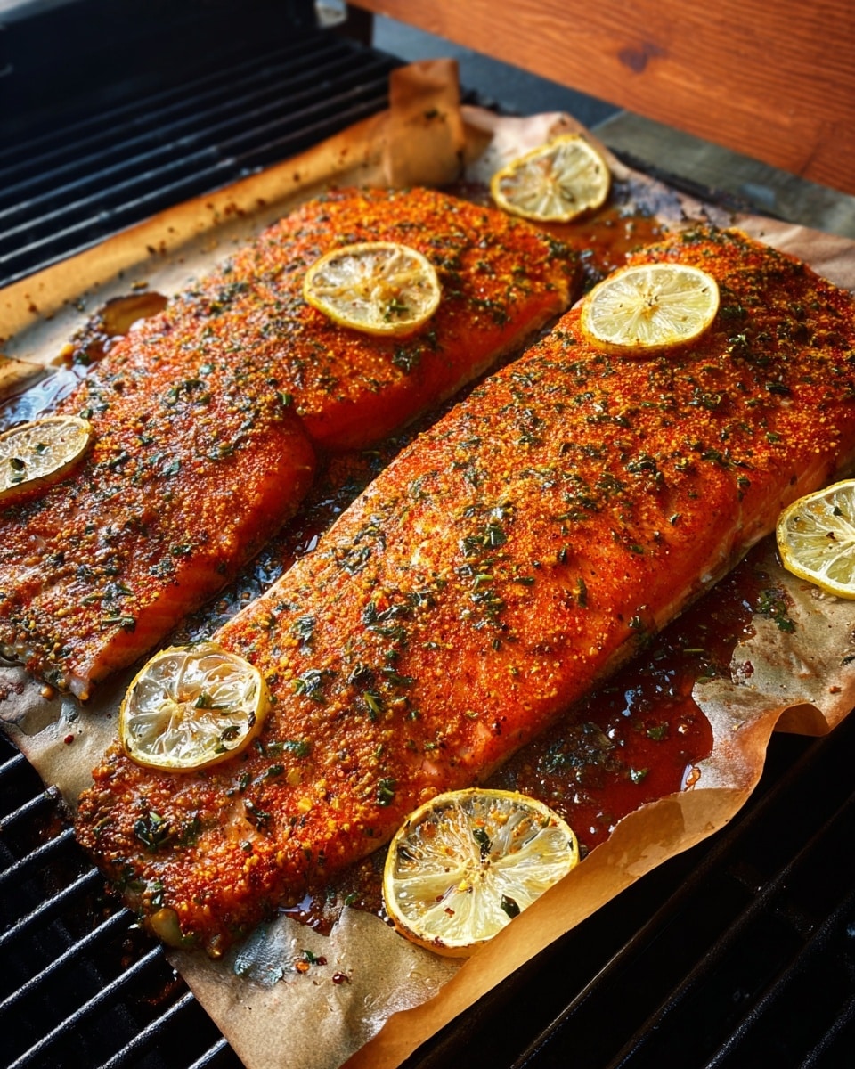 Two large salmon fillets sit side by side on a grill covered with brown paper, each coated with a bright orange-red spice mix speckled with green herbs. The fillets have a slightly oily and textured surface, showing areas where the seasoning has melted and mixed with juices, creating darker, shiny spots. Three thin lemon slices with visible seeds and a soft yellow color are placed around the fish—one near the top right, one in the middle, and one slightly below the bottom fillet. The grill bars beneath the paper peek through at the edges, and the setting includes a wooden panel in the background. photo taken with an iphone --ar 4:5 --v 7