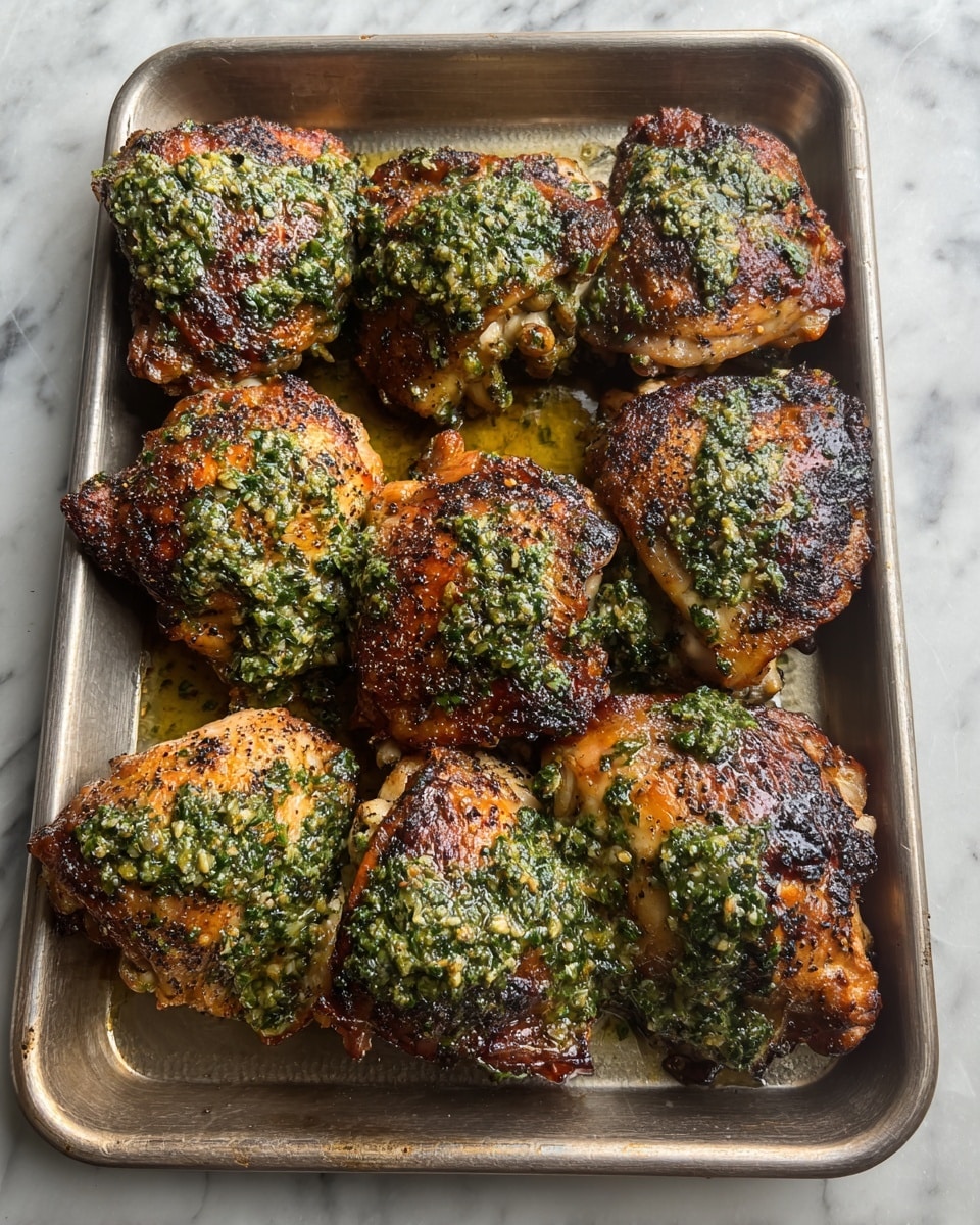 The image shows several pieces of golden-brown grilled chicken on a black round grill with visible char marks on the chicken and grill grates. The chicken pieces are textured with spices and herbs, giving them a slightly rough surface. On the chicken piece closest to the front, a wooden spoon held by a woman's hand is spreading a bright green, chunky herb sauce with oily shine. Thin wisps of smoke rise from the grill, adding a sense of heat and cooking action. The outside setting is blurred with natural colors in the background. The grill sits on a surface with white marbled texture. photo taken with an iphone --ar 4:5 --v 7