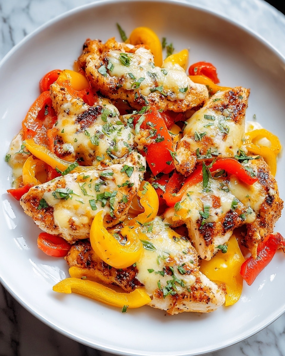 The dish shows a white plate filled with several grilled chicken pieces topped with melted cheese, giving a creamy and slightly browned look. Bright yellow and red bell pepper slices are mixed throughout the chicken, adding a crisp and colorful contrast. Small green herb leaves are sprinkled evenly on top, adding freshness and extra color. The plate sits on a white marbled surface. photo taken with an iphone --ar 4:5 --v 7
