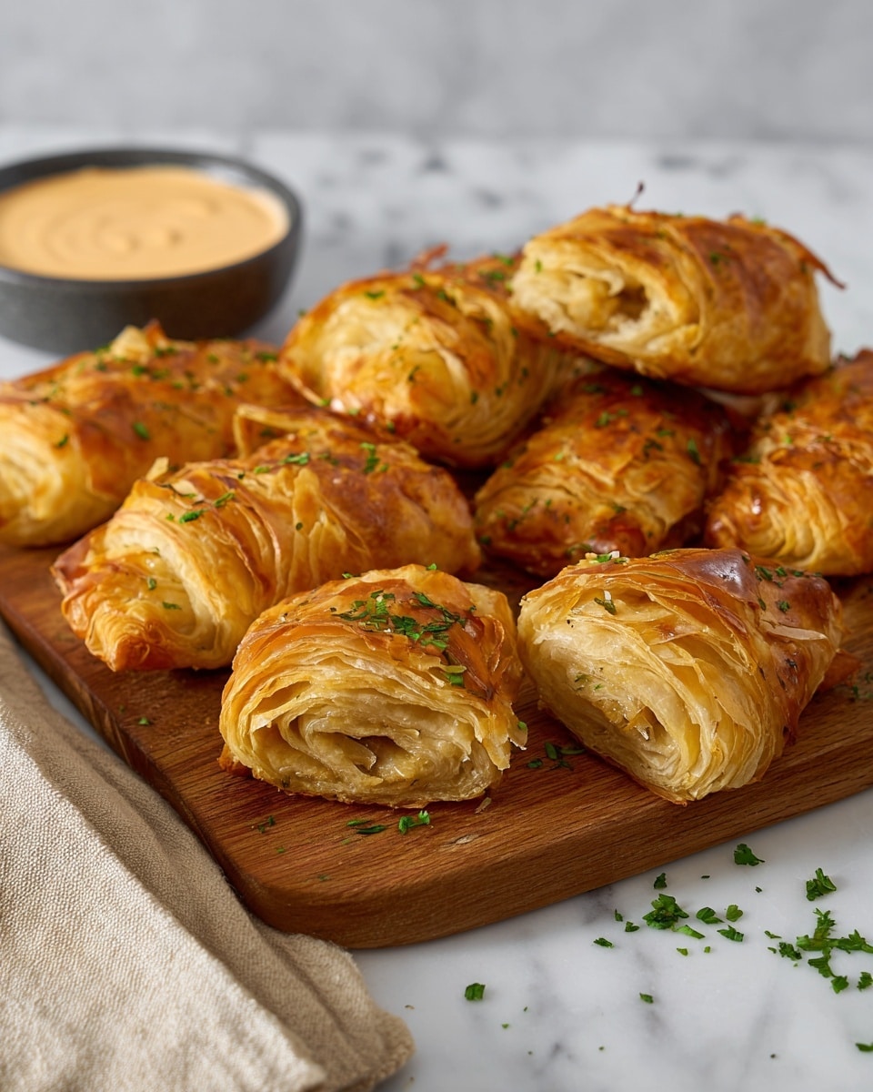 The image shows a baking tray filled with several golden brown pastries, each with a slightly crisp, flaky outer layer that is folded and layered irregularly, giving a textured look. The pastries vary in shape with some more rectangular and others crescent-like, showing slightly visible fillings that hint at a savory mix inside. The tray is lined with parchment paper, and a woman's hand is holding the tray with a beige oven mitt, with part of a white marbled surface underneath visible. In the blurred background, blue denim jeans can be seen. Photo taken with an iphone --ar 4:5 --v 7
