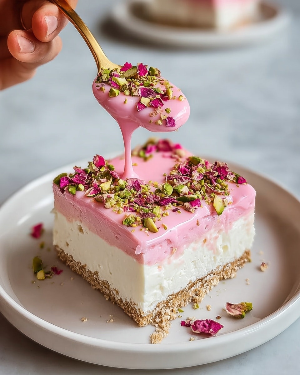 A square dessert with three layers sits on a white plate with a textured edge. The bottom layer is light brown and crumbly, the middle layer is thick and white with a creamy texture, and the top layer is bright pink and smooth. The pink layer is sprinkled with whole and crushed green pistachios and small red bits, adding a colorful contrast. In the background, blurred pieces of the same dessert can be seen on the white marbled surface, and a gold fork is placed near the plate. photo taken with an iphone --ar 4:5 --v 7