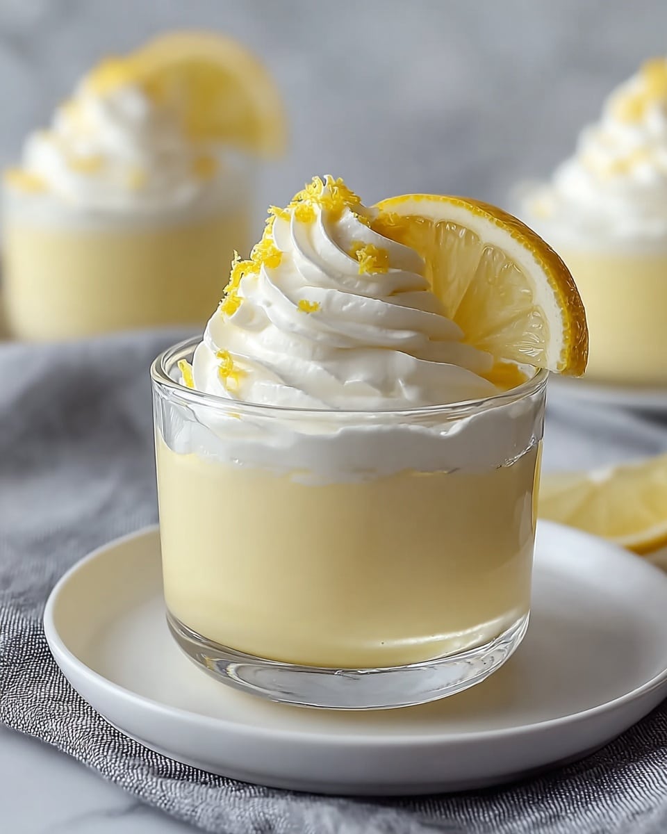 A clear glass dessert cup sits on a white plate with a white marbled surface underneath; inside the cup is a smooth, pale yellow lemon pudding that fills almost to the top. On the pudding’s surface is a thick swirl of white whipped cream crowned with two small pieces of bright yellow candied lemon peel and a fresh green mint leaf. Around the whipped cream, there are fine yellow crumbs sprinkled lightly, adding texture and color contrast. The background is softly blurred with hints of yellow and white, enhancing the focus on the dessert. photo taken with an iphone --ar 4:5 --v 7