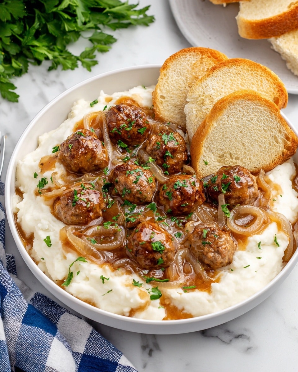 A white shallow bowl filled with three layers: the bottom layer is smooth, creamy white mashed potatoes, the middle layer is brown gravy with caramelized sliced onions, and the top layer consists of round brown meatballs evenly placed and covered with brown gravy and bits of chopped green parsley. Two slices of toasted light golden bread are leaning on the right side of the bowl. The bowl is on a white marbled surface with some green parsley leaves in the bottom left corner and a blue and white checkered cloth on the bottom right. Photo taken with an iphone --ar 4:5 --v 7