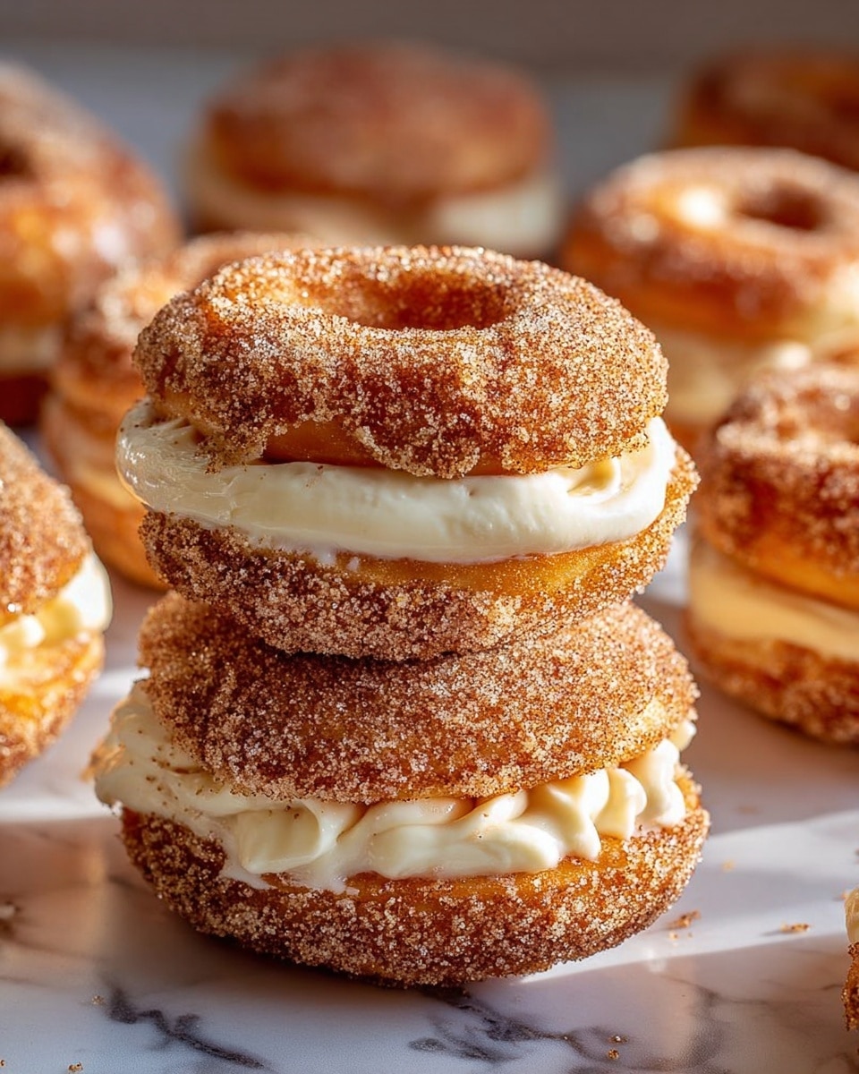 The image shows two stacked doughnuts each with three layers: a golden-brown base doughnut, a thick white cream filling in the middle, and a lighter golden-brown top doughnut covered in a coarse cinnamon sugar coating with tiny dark specks, giving it a grainy texture. Around the stacked doughnuts are similar doughnuts with visible white cream filling and the same cinnamon sugar topping, all resting on a white marbled texture. The focus is on the top two doughnuts with a soft, warm light highlighting the textures and details of the sugar crystals and cream. photo taken with an iphone --ar 4:5 --v 7
