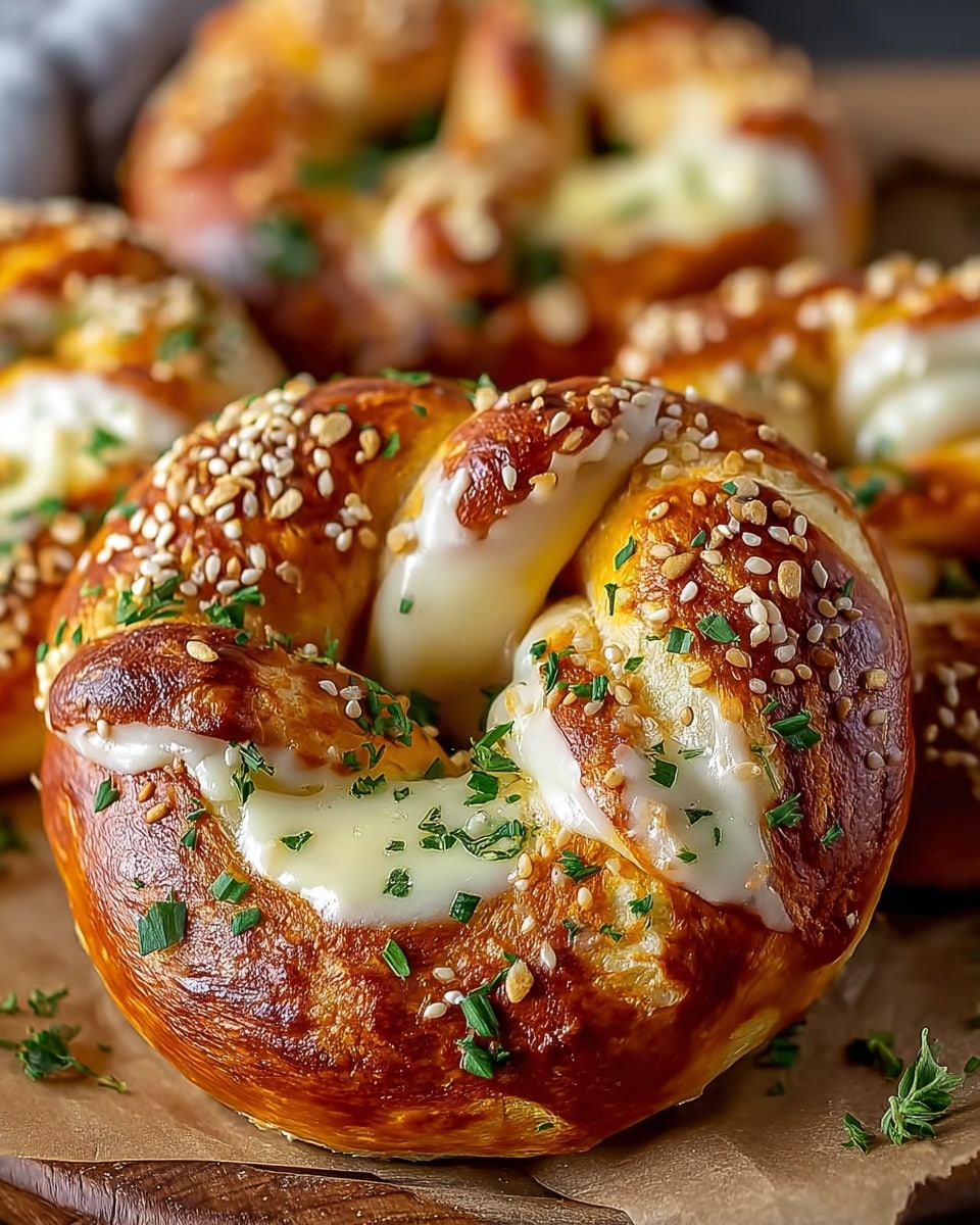 A close-up view of three soft pretzels arranged on a round wooden board, each pretzel showing a shiny, golden-brown crust with coarse salt and chopped green herbs sprinkled on top. The pretzels have a braided texture with folded dough loops, displaying a light, fluffy inside with some open air pockets visible. The rosemary sprigs rest beside the pretzels on the wooden board, adding a fresh green element while the background surface is replaced with a white marbled texture. The lighting highlights the glossy texture of the pretzel crust and the coarse salt well, making the pretzels look fresh and appetizing. Photo taken with an iphone --ar 4:5 --v 7