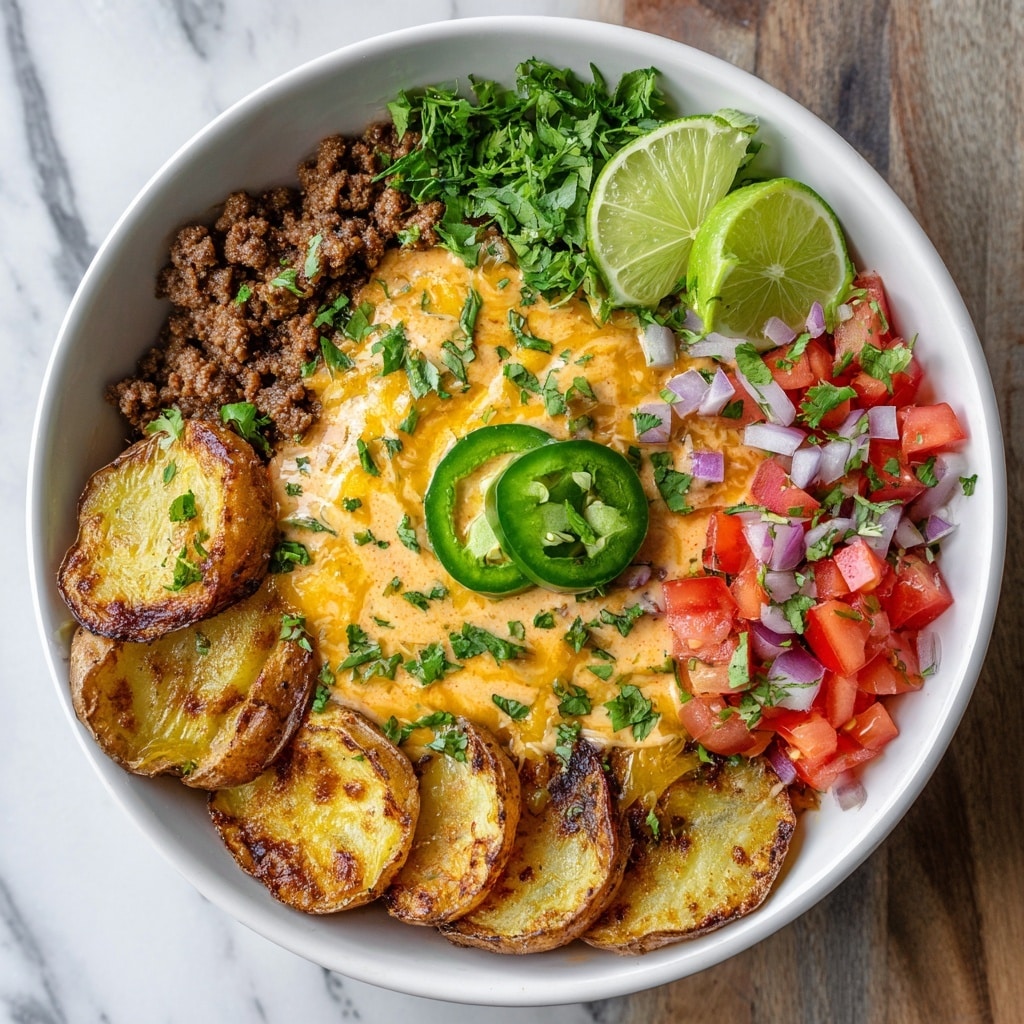 A white bowl filled with several layers of food starting with crispy, golden-brown roasted potato slices on the bottom right edge. On top of the potatoes is a layer of browned ground beef near the left side. Melted cheddar cheese covers part of the beef in the center. Over the cheese, a creamy, light orange sauce is poured, sprinkled with chopped green cilantro. Bright red tomato pieces mixed with small white onion pieces and more cilantro appear on the top right. Two green lime wedges rest near the top edge, and a sliced green jalapeño is placed on top in the center. The bowl sits on a wooden surface with a white marbled texture background. photo taken with an iphone --ar 4:5 --v 7