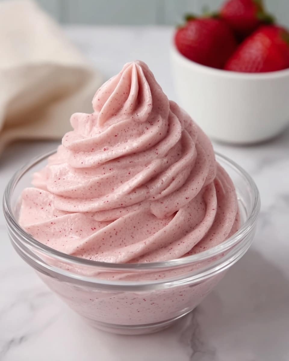 A small clear glass bowl holds a smooth, pink mousse with a light and airy texture, swirled in soft peaks that rise to a pointed tip in the center. The mousse layers appear thick and creamy, with tiny darker pink specks scattered throughout, giving a slight speckled look. The bowl sits on a white marbled surface, next to a glimpse of a white bowl filled with red strawberries in the background. Photo taken with an iphone --ar 4:5 --v 7