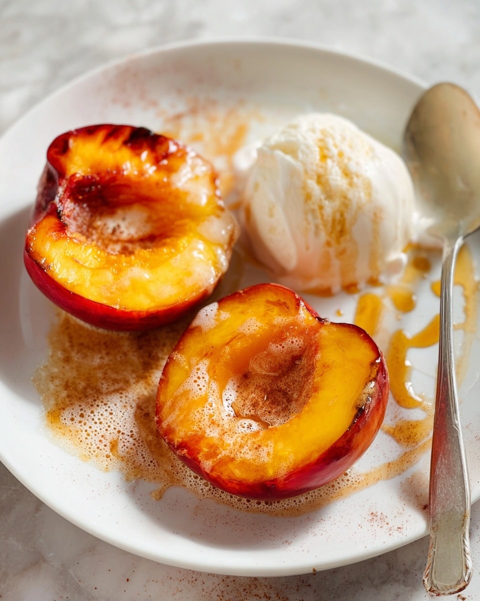 The image shows a white dish with four peach halves arranged flat side down; three are plain, showing a bright orange and red smooth skin with a juicy texture, while the front peach half has a scoop of creamy white vanilla ice cream on top. Golden honey is being poured over the ice cream, creating a shiny, sticky layer that drips down the sides. There is a silver spoon resting on the right side of the dish. The plate has a light dusting of brown cinnamon powder scattered around the peaches. The scene is set on a white marbled surface with a blurred glass jar of honey and a white bowl in the background. Photo taken with an iphone --ar 4:5 --v 7