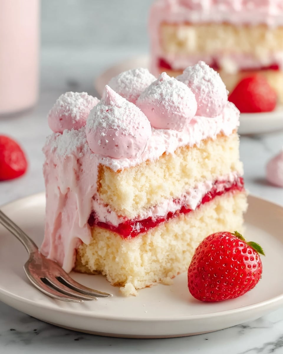 A piece of cake with three layers is on a white plate. The bottom and middle layers are soft white sponge cake. Between these sponge layers, there is a thin red jam layer and pink creamy frosting. The top layer is covered with thick pink cream that drips slightly down the sides. On top, there are five whole strawberries coated with white powdered sugar. A fresh whole strawberry sits next to the cake on the plate. The plate is on a white marbled surface with a red and white striped cloth nearby. In the background, there is another plate with a similar piece of cake and strawberries, blurred out. photo taken with an iphone --ar 4:5 --v 7