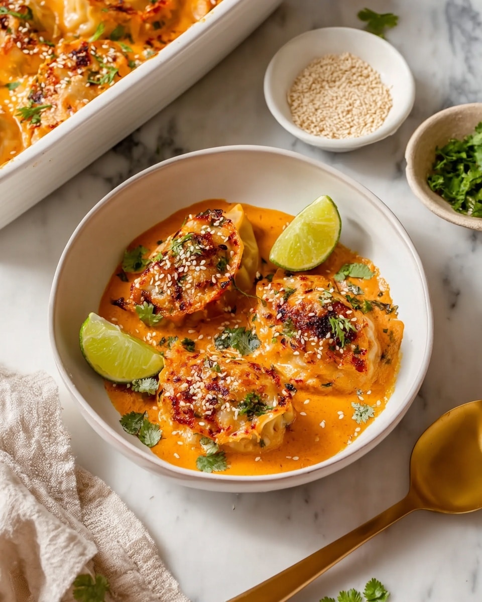 Three stuffed dumplings cover the center of a white shallow bowl, each dumpling golden orange with crispy browned spots and topped with green chopped herbs and white sesame seeds. The dumplings sit in a thick, smooth, orange-colored sauce that pools beneath them, with small green leaves partially submerged around them. A wedge of lime is placed on the left side of the bowl. The bowl rests on a white marbled surface, beside a small white dish filled with pale sesame seeds and another white dish with chopped green herbs. A light beige fabric napkin is near the back of the bowl, and a large golden spoon lies on the right side on the marble surface. In the background, a white baking dish with more dumplings and sauce is partially visible. photo taken with an iphone --ar 4:5 --v 7