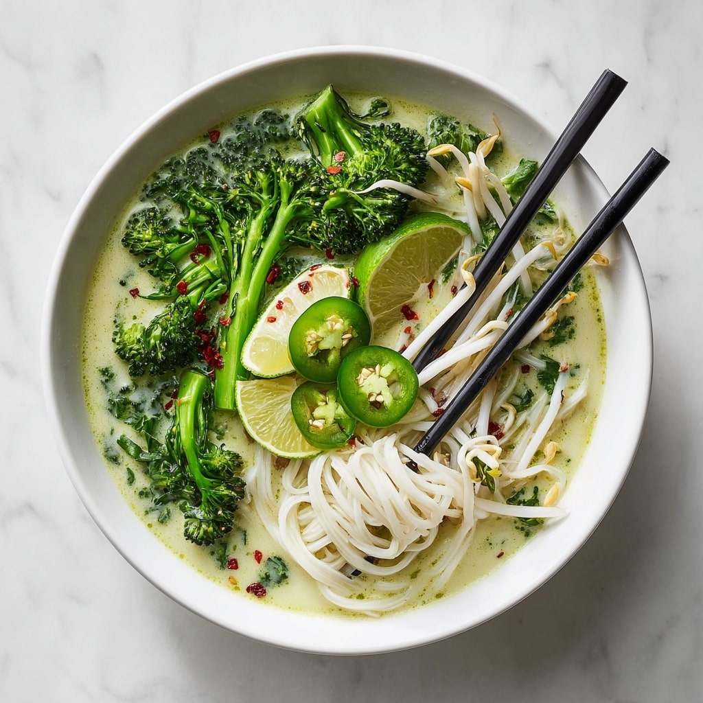 A white bowl filled with creamy light green broth as the base layer, featuring fresh green leafy vegetables and broccoli stems arranged around the edges. Thin white noodles form a middle layer, twirled around black chopsticks that are dipped into the soup on the right side. Bright green slices of jalapeño and a lime wedge rest on top of the soup, sprinkled lightly with red chili flakes. To the right side, white bean sprouts add texture and freshness. The bowl sits on a white marbled surface with a clean light setting. Photo taken with an iphone --ar 4:5 --v 7