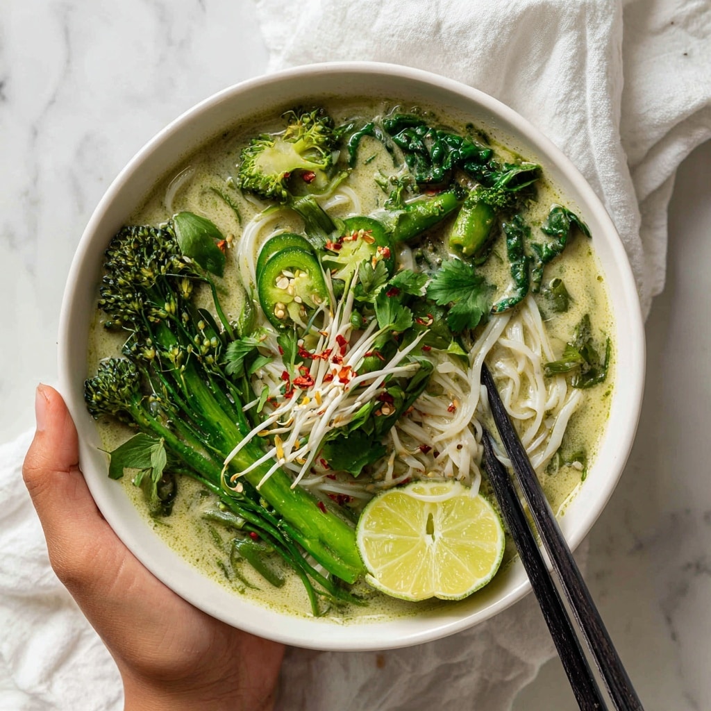 The image shows a white bowl filled with a light green brothy soup that has a creamy texture. At the bottom layer, there are thin white noodles partly wrapped around dark chopsticks held by a woman's hand inside the bowl. The soup is topped with bright green vegetables including leafy greens, whole green chili slices, and broccolini. A fresh lime wedge with a vivid green rind is positioned on the left side of the bowl. Some scattered red chili flakes and bean sprouts are added on top, providing red and white contrast. The bowl is placed on a white marbled surface with a white cloth partially visible beside it. Photo taken with an iphone --ar 4:5 --v 7