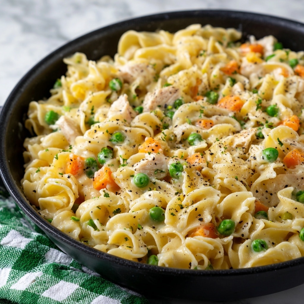 A close-up view of a creamy pasta dish in a black pan, showing wide, curly egg noodles mixed with small green peas, orange carrot pieces, and chunks of white chicken, all coated in a smooth, light cream sauce speckled with ground black pepper. The noodles are piled thick and uneven with a soft, slightly glossy texture, and the vegetables and chicken are spread evenly throughout. The pan sits on a white marbled surface with a green and white checkered cloth partly visible beneath it. Photo taken with an iphone --ar 4:5 --v 7