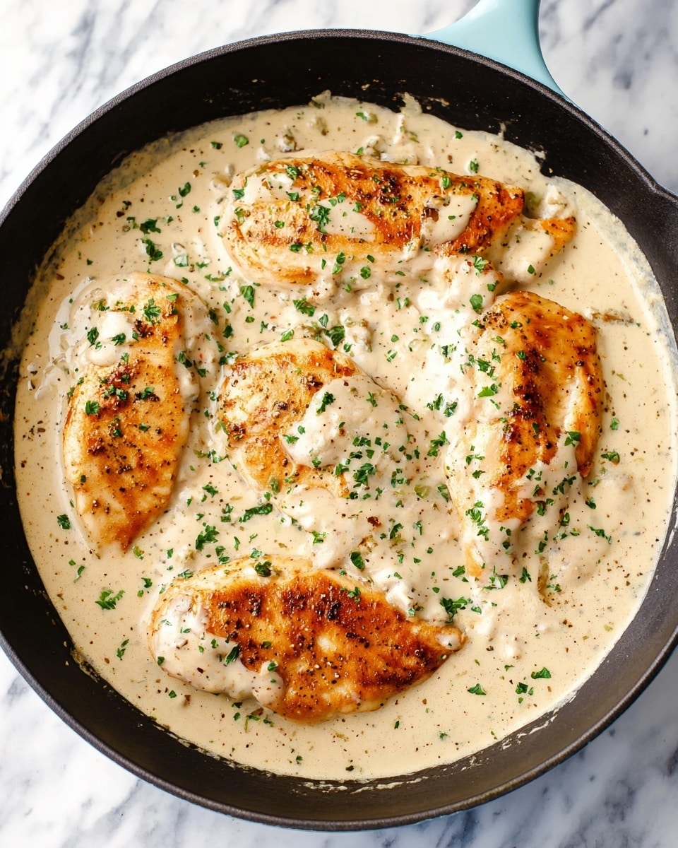 The image shows a black cast iron pan with four pieces of cooked chicken breasts in a light creamy white sauce, dotted with small bits of herbs and black pepper. Each chicken piece is golden brown with visible grill marks and is covered partially by the smooth sauce. The chicken and sauce are sprinkled with chopped green parsley, adding a contrasting color. The pan sits on a white marbled surface, and the pan handle is light blue. photo taken with an iphone --ar 4:5 --v 7