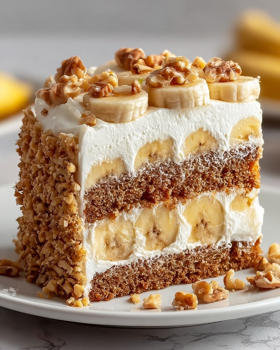 The image shows a close-up slice of a layered cake on a white plate, placed on a white marbled surface. The cake has three layers of brown, moist cake separated by two thick layers of creamy white filling mixed with banana pieces. The outside of the cake is coated with white frosting and covered with small chopped walnuts. On top, there is a layer of white frosting, decorated with round slices of banana and more chopped walnuts spread evenly. The texture of the cake looks soft and the nuts add a crunchy contrast. Photo taken with an iphone --ar 4:5 --v 7