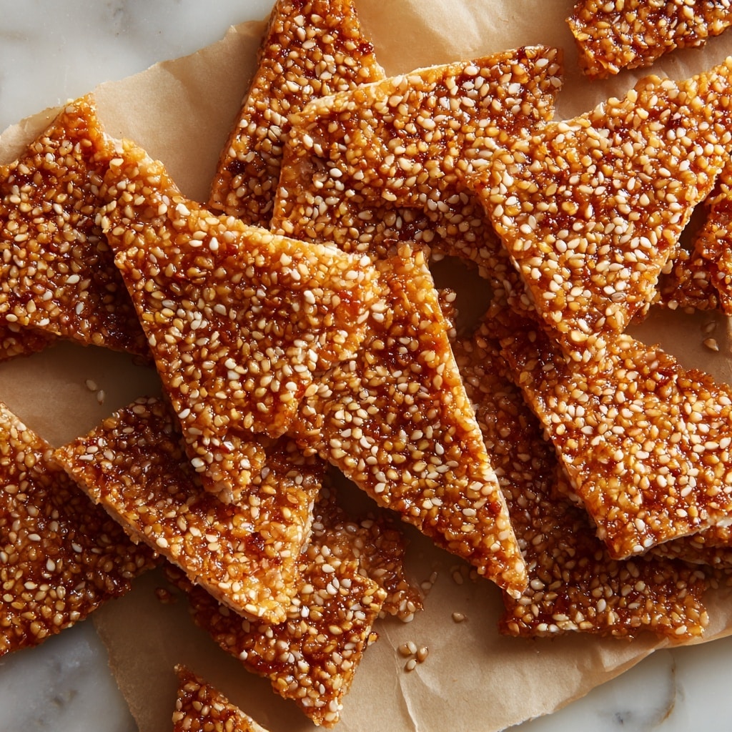 The image shows several pieces of golden brown sesame seed brittle spread out on a sheet of parchment paper. The brittle pieces vary in shape, including rectangles, squares, triangles, and rounded edges, all with a rough, textured surface made up of tightly packed sesame seeds. The seeds have a shiny, caramelized glaze that gives them a crunchy look, and the pieces are arranged casually with small sesame seed crumbs scattered around. The background is a white marbled texture. Photo taken with an iphone --ar 4:5 --v 7