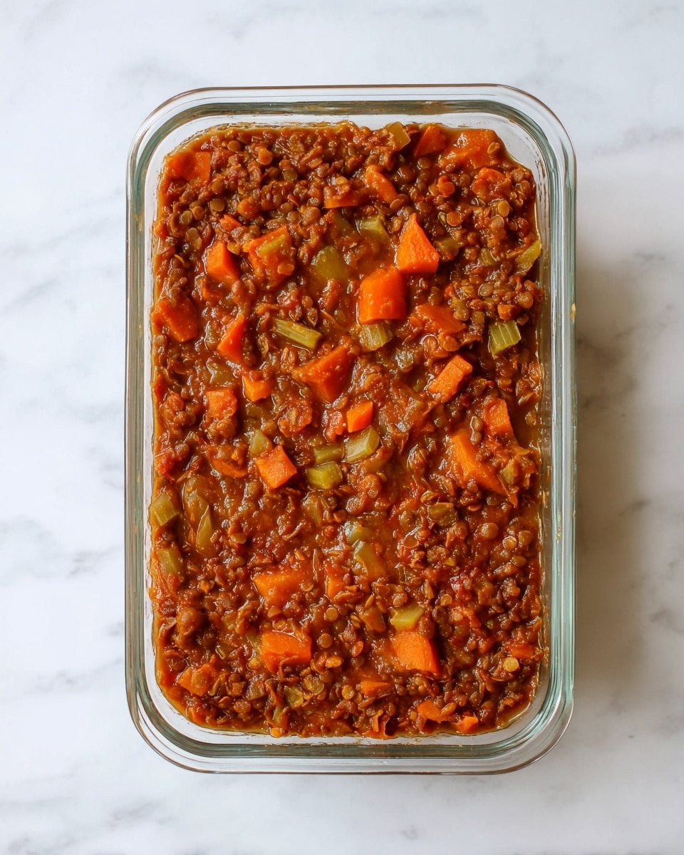 A clear rectangular glass dish is filled with a single thick layer of stew-like mixture that includes chunky pieces of orange carrots and soft greenish celery, all mixed into a textured brown lentil and tomato sauce. The dish is set on a white marbled surface, and the stew is evenly spread to the edges, showing a slightly glossy finish. photo taken with an iphone --ar 4:5 --v 7