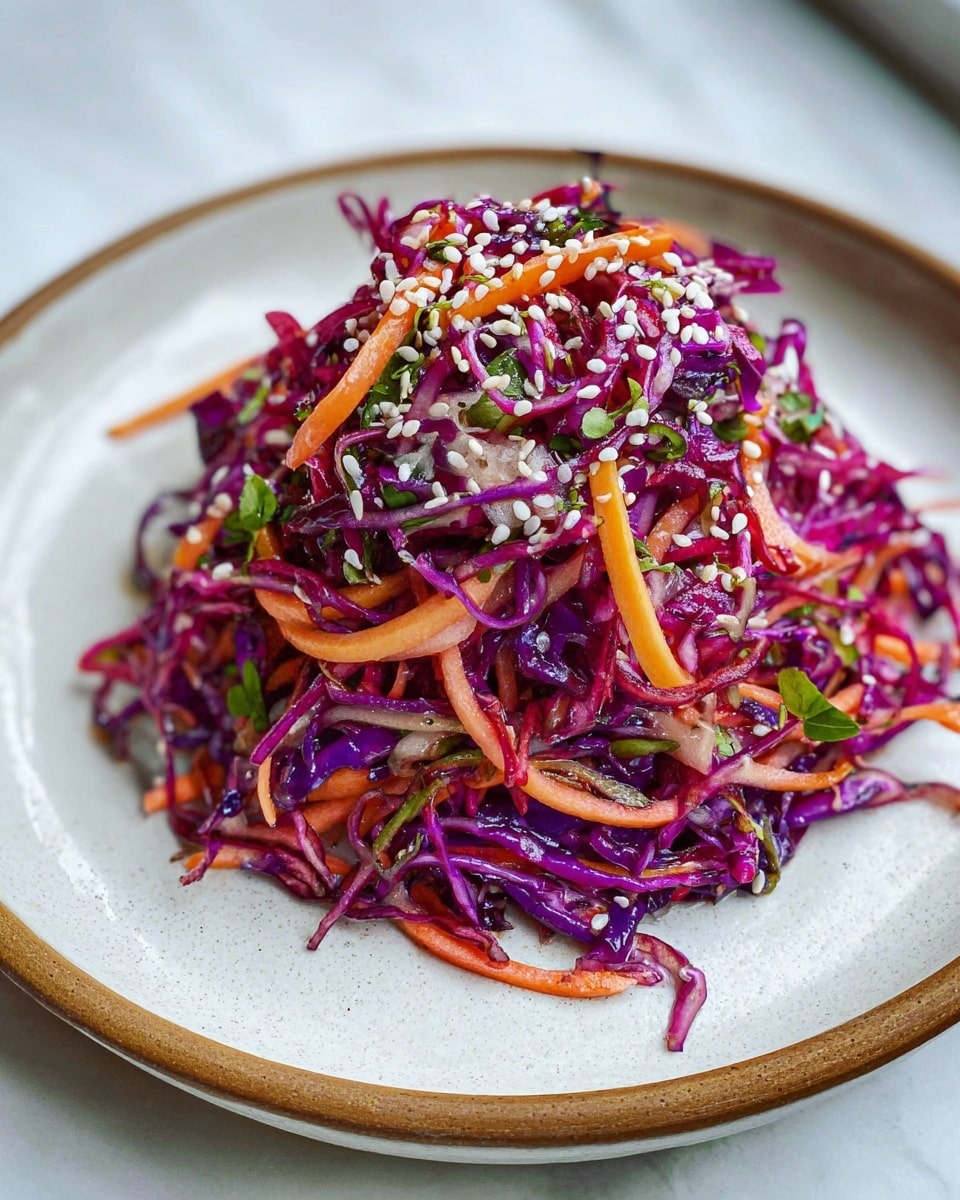 A close-up view of a vibrant salad held by a woman's hand with a spoon, showing thin strips of deep purple cabbage mixed with bright orange carrot pieces, scattered with small green herb leaves and white sesame seeds. The salad texture is fresh and slightly glossy, sitting in a light wooden bowl against a white marbled background. The layers are thin carrot and cabbage strands blended evenly with herbs and seeds throughout. photo taken with an iphone --ar 4:5 --v 7