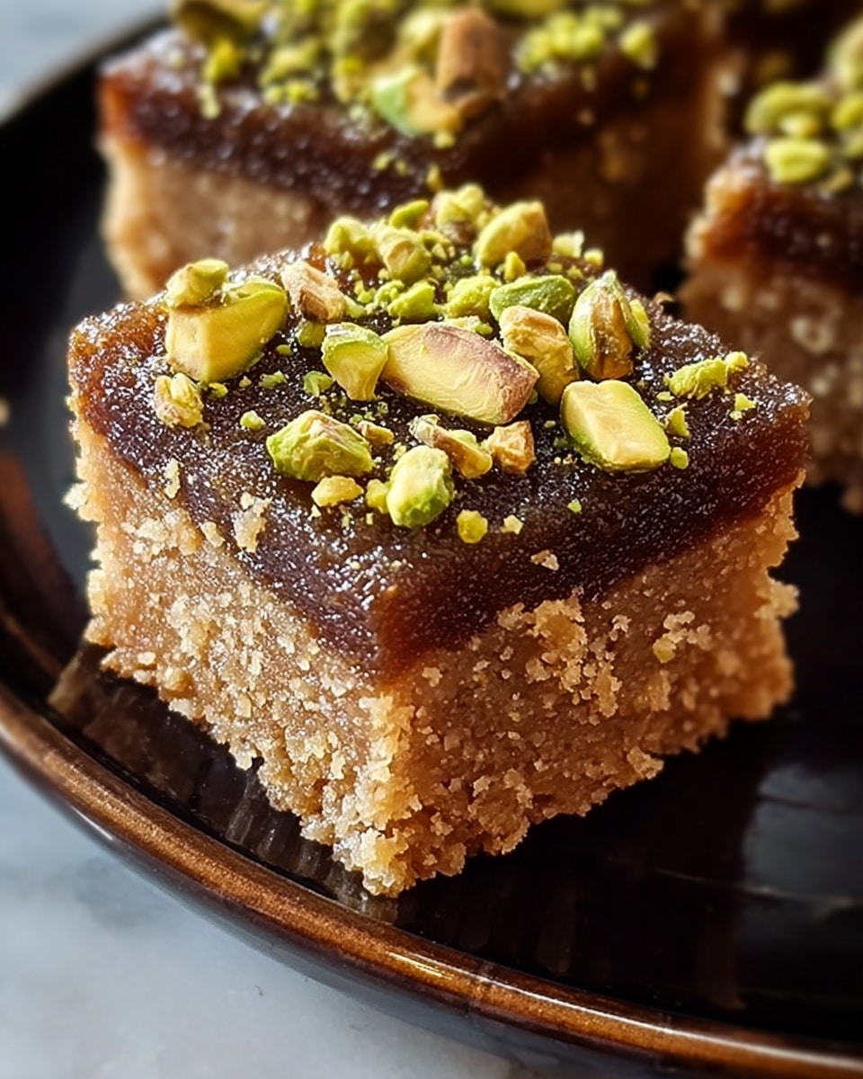 A close-up view of a thick, square-shaped sweet treat with a golden-brown, slightly crumbly texture, showing two visible layers: a light, grainy base layer and a darker, moist middle layer enriched with small pieces of green pistachio nuts. The top is glossy and sprinkled with chopped pistachio pieces, adding vibrant green touches. The squares are placed closely together on a dark plate. The photo taken with an iphone --ar 4:5 --v 7