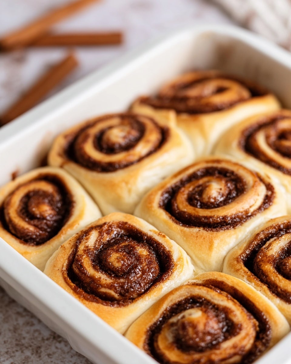 The image shows six cinnamon rolls in a white baking tray, each roll with two visible layers: a light golden-brown dough layer and a darker brown cinnamon sugar swirl layer tightly rolled in the center, giving a spiral shape. The cinnamon filling appears gooey and slightly melted, creating a shiny texture between the soft dough layers. The background has a white marbled surface with cinnamon sticks slightly blurred in the back. Photo taken with an iphone --ar 4:5 --v 7