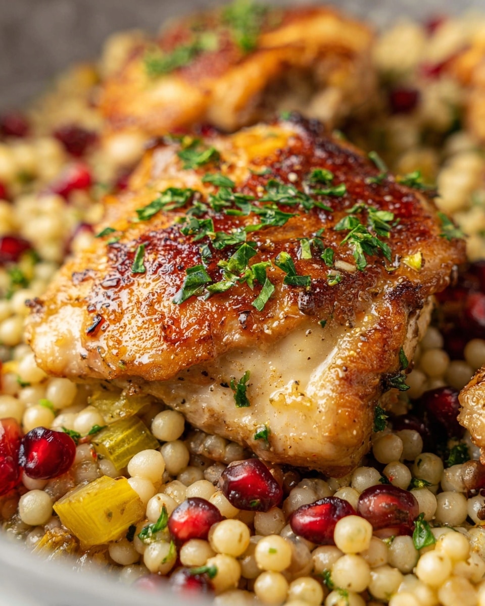 The image shows a close-up of a cooked dish with one main thick piece of golden-brown chicken on top, sprinkled with small green herb pieces. Beneath the chicken, there is a layer of round couscous-like grains mixed with small chunks of yellow-green vegetables and red pomegranate seeds, giving a mix of beige, green, and red colors. The texture of the chicken appears juicy with a light sear, while the grain layer looks soft with a slightly oily shine. The background has a white marbled texture. Photo taken with an iphone --ar 4:5 --v 7