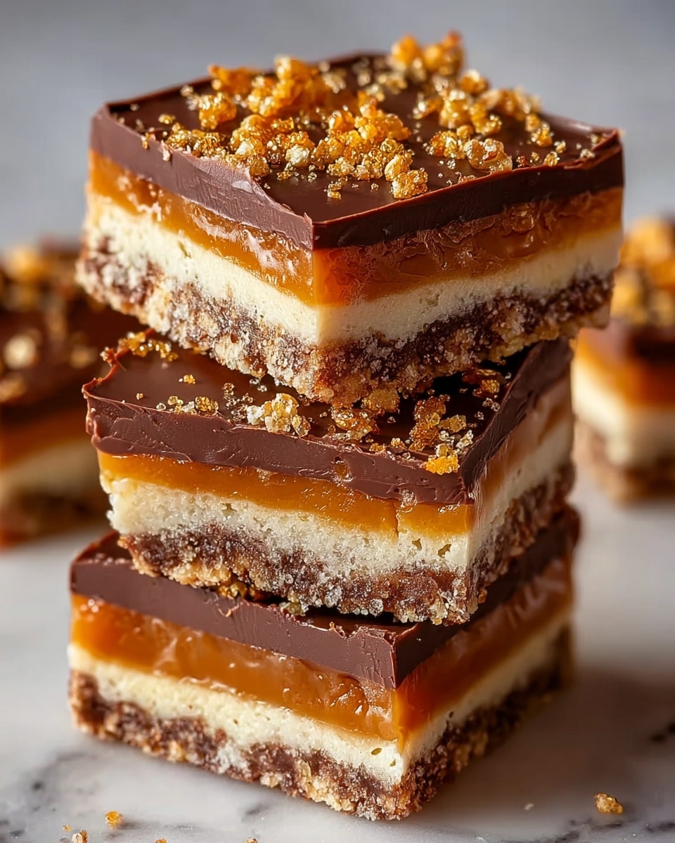 The image shows a close-up of three stacked dessert bars with four clear layers. The bottom layer is a dense, crumbly dark brown base. On top of that lies a light beige, slightly grainy cookie-like layer. Over this is a smooth, thick caramel layer with a shiny texture. The top layer is a rich, glossy chocolate coating sprinkled with golden crumb bits and a few chocolate drops. The bars are placed on white parchment, all set on a white marbled textured surface with scattered crumbs around. photo taken with an iphone --ar 4:5 --v 7