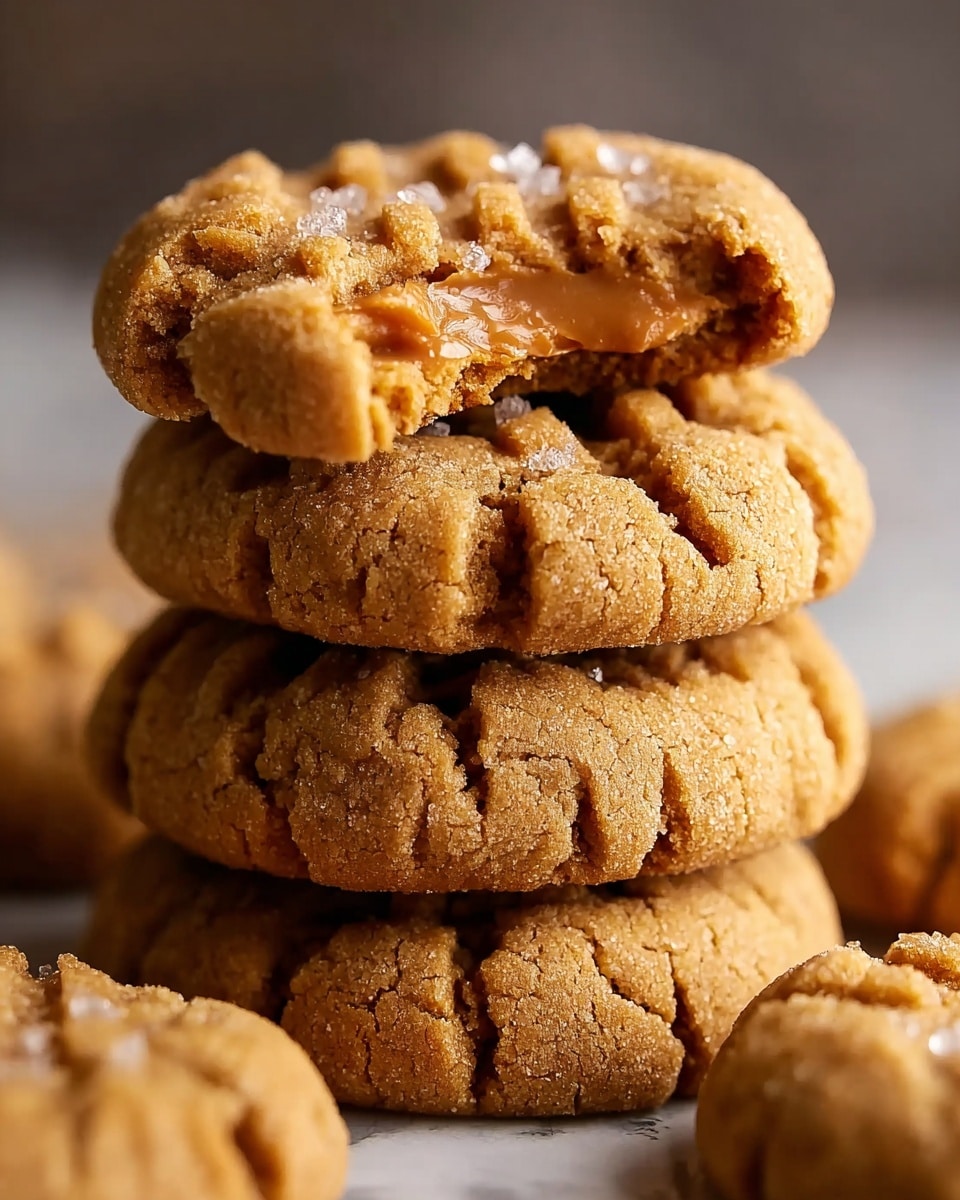 A close-up image shows a stack of four peanut butter cookies, each cookie thick with a rough texture and visible cracks on the surface. The top cookie has a pattern pressed into the dough with peanut butter visible in the grooves. The cookies are a warm golden-brown color with a slightly crumbly and soft look. In the blurred background, more cookies create depth. The setting is on a white marbled texture. photo taken with an iphone --ar 4:5 --v 7