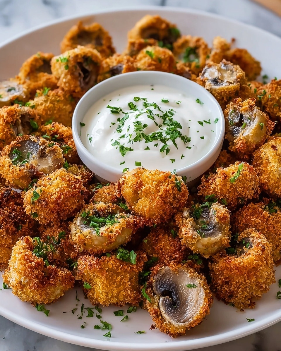 A white plate is full of crispy, golden-brown fried mushroom pieces that have a rough, crunchy texture with hints of darker brown and some visible mushroom caps in the middle. The mushrooms are sprinkled with small green herb bits, adding a fresh color contrast. In the top right corner of the plate, there is a white ramekin filled with creamy white dipping sauce with tiny green herb pieces mixed in. The dish sits on a white marbled surface. photo taken with an iphone --ar 4:5 --v 7