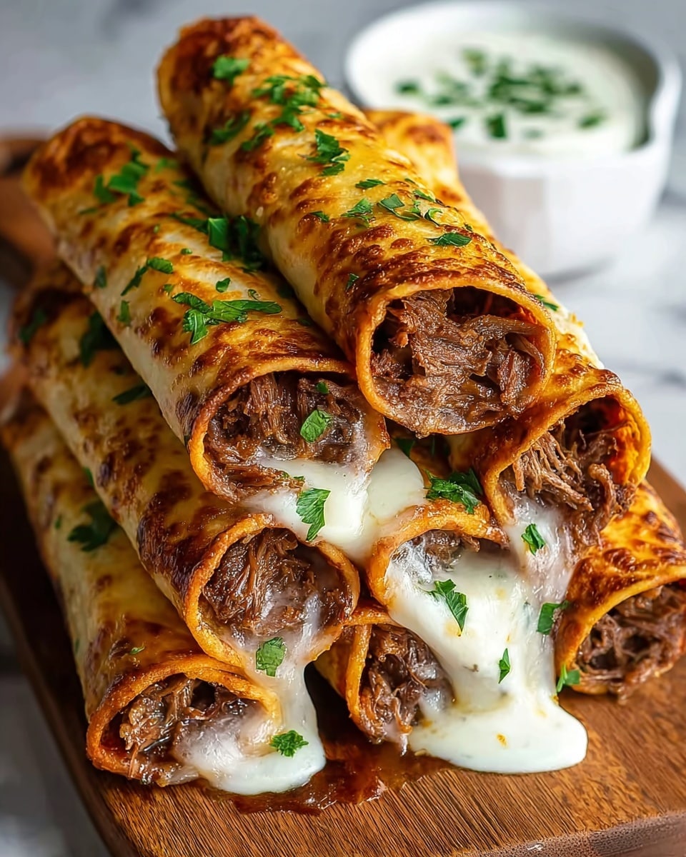 Three rolled tortillas are stacked on a wooden board, each filled with shredded brown meat and melted white cheese mixed with green herbs. The tortillas have a golden-brown crispy texture with small burnt spots and are sprinkled with fresh green herbs on top. In the background, there is a white bowl with a creamy white sauce garnished with chopped green herbs. The scene is set on a white marbled texture. photo taken with an iphone --ar 4:5 --v 7
