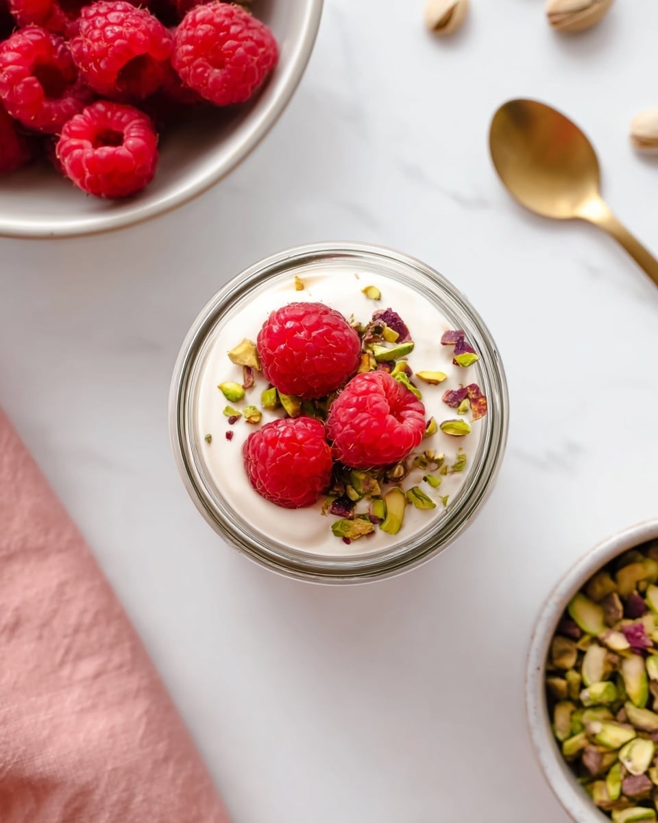 A small clear glass bowl holds three bright red raspberries and a sprinkling of green and purple chopped pistachios on top of a smooth white creamy layer. Around the bowl, there is a white bowl filled with fresh raspberries near the top left corner, a few loose pistachios on the white marbled background at the top right, and a white bowl with chopped pistachios partially shown at the bottom right. A gold spoon lies next to the glass bowl on the right side, and a soft pink cloth is visible on the bottom left. The scene is bright, simple, and clean. photo taken with an iphone --ar 4:5 --v 7