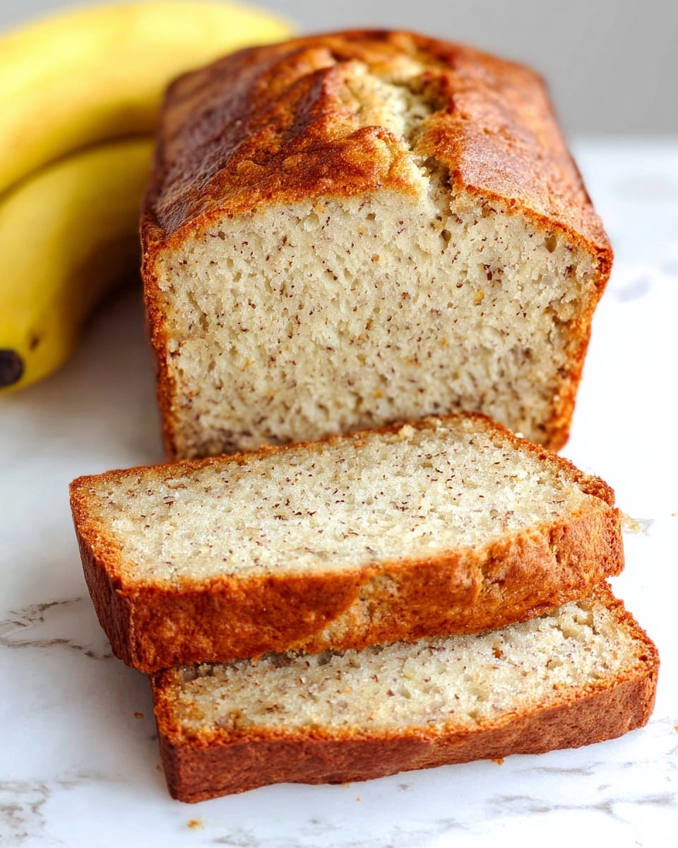 A loaf of banana bread is placed on a white marbled surface, with two slices cut and laid flat in front of the main loaf. The bread has a light brown crust with a soft, speckled light beige interior showing tiny bits of banana. To the left side, there are two ripe yellow bananas. On the right side, there is a small transparent glass filled with white milk. A part of a pink cloth can be seen at the bottom right corner of the image. photo taken with an iphone --ar 4:5 --v 7
