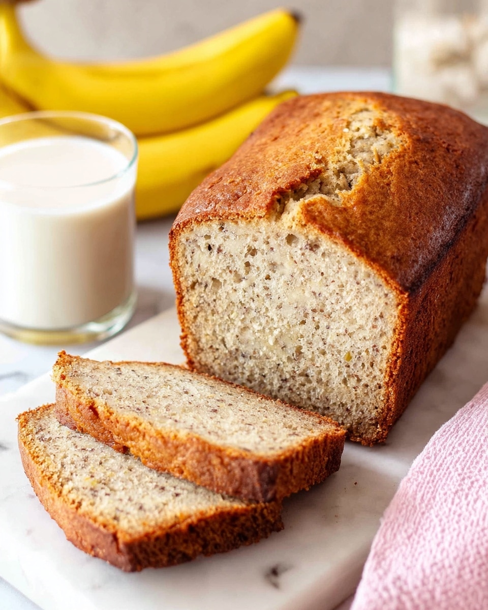 The image shows a loaf of banana bread with a golden-brown crust and a soft, light beige inside dotted with tiny darker specks. Three slices are cut from the loaf, lying slightly stacked in front of it, revealing the bread's moist and tender texture. The loaf rests on a white marbled surface, with two ripe yellow bananas placed to the left side, adding a natural touch to the scene. photo taken with an iphone --ar 4:5 --v 7