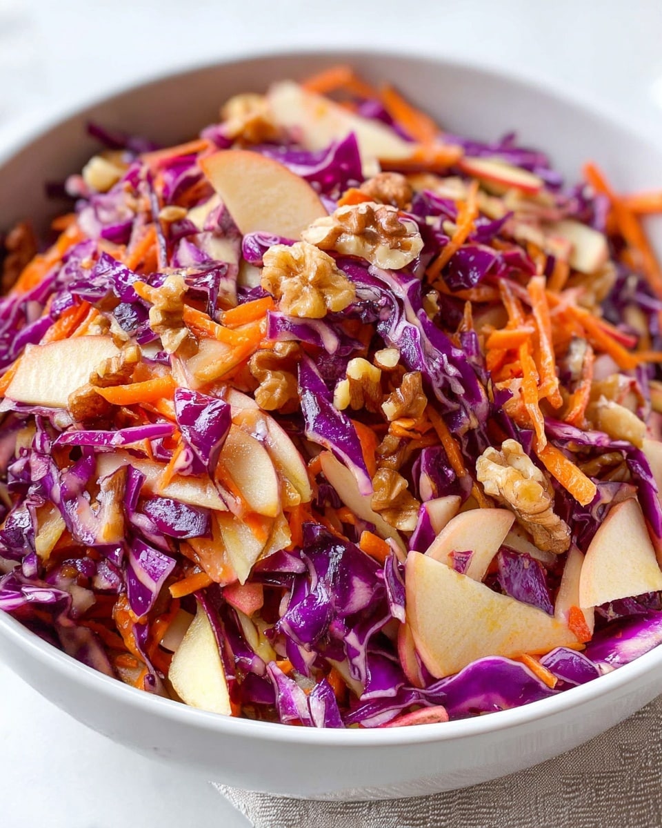 A white wide oval dish filled with a colorful salad containing roughly four layers: the bottom layer is dark purple shredded cabbage with a crisp texture, scattered on top is a layer of thin shredded bright orange carrots adding softness and brightness. Large triangular slices of pale green apple are spread across the middle layer, giving a fresh and juicy feel. Small pieces of light brown walnuts are scattered throughout, adding a rough, crunchy contrast. The dish sits on a white marbled surface with part of a green apple cut in half and a white bowl with a gold spoon nearby. photo taken with an iphone --ar 4:5 --v 7