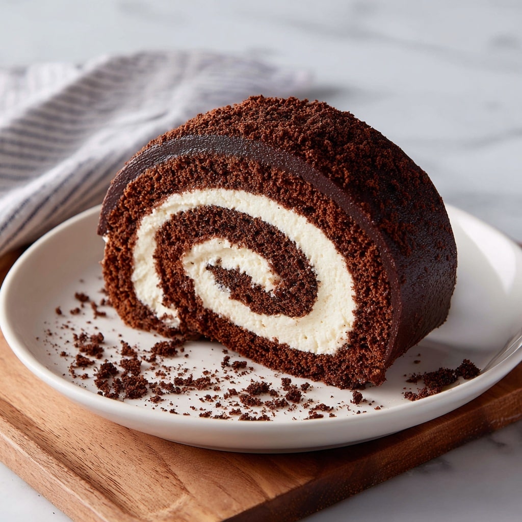 A rolled chocolate cake with three visible layers is shown close up on a wooden board over a white marbled texture. The outer layer is a smooth, shiny chocolate coating with soft ridges, dark brown in color, covering the whole roll. Inside, the middle layer is a dark, moist chocolate sponge cake with a slightly crumbly texture. The innermost layer is a thick, creamy white filling, evenly spread and spiraled through the cake roll. A slice of the roll is cut and placed in front, showing the swirl pattern clearly, with soft and fluffy textures. In the background, a white cloth with black stripes rests softly out of focus. photo taken with an iphone --ar 4:5 --v 7