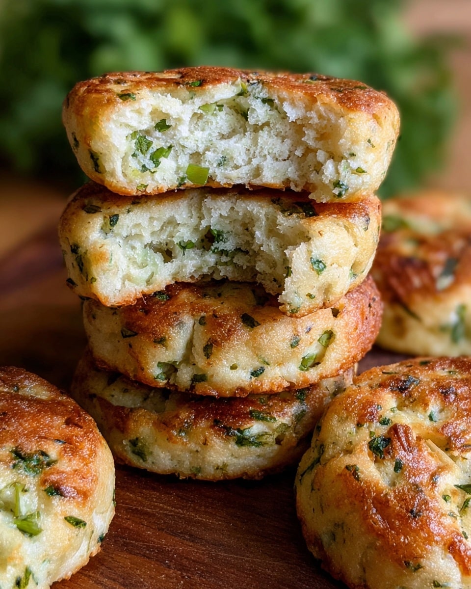 The image shows a stack of six round savory cakes with a golden brown crust on the outside and a soft, slightly fluffy white inside mixed with small green herb pieces. Each cake is about an inch thick, and the green bits are spread evenly throughout the layers, giving a fresh look. The cakes are mounted on a wooden surface against a blurred green background. The top cake is partly broken to reveal the moist inside texture, highlighting its soft crumb and herbs. Photo taken with an iphone --ar 4:5 --v 7