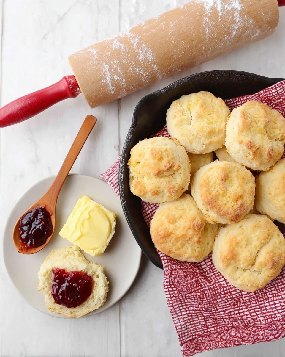 A black cast iron pan lined with a red and white checkered cloth holds about nine golden brown, fluffy biscuits with uneven, soft tops and slightly rough sides. Beside the pan, on a white plate set on a white marbled surface, one biscuit is split open showing its crumbly, pale yellow inside. A portion of soft, yellow butter and a thick, dark red jam sit on the split biscuit. A wooden spoon resting on the plate has a dollop of jam on it. Above the pan and plate lies a rolling pin with a light wooden barrel and a bright red handle dusted with flour. photo taken with an iphone --ar 4:5 --v 7