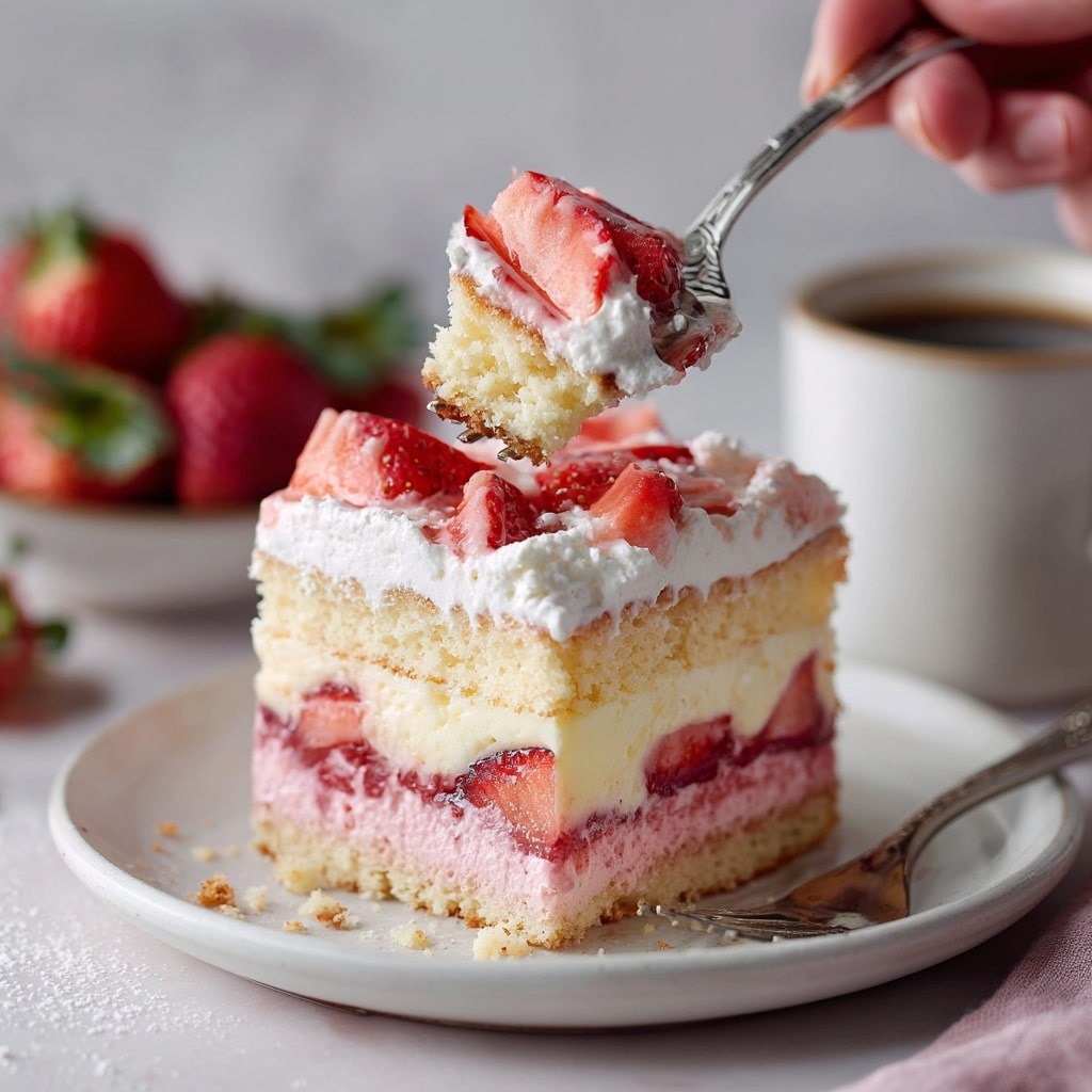 The image shows a square slice of pink strawberry cake on a white plate, with a bite taken from its front side. The cake has three layers: the bottom layer is a soft, pink sponge cake, the middle layer is white creamy filling, and the top layer is thick white whipped cream, topped with fresh chopped bright red strawberries. Crumbs and a few strawberry pieces are scattered on the plate around the cake. In the background, a white dish holds more of the whole cake with the same layers, and a white bowl filled with strawberries is blurred. A woman's hand holding a silver fork lifts a piece of cake with cream and strawberries near the top center. The surface under the plate has a white marbled texture. Photo taken with an iphone --ar 4:5 --v 7
