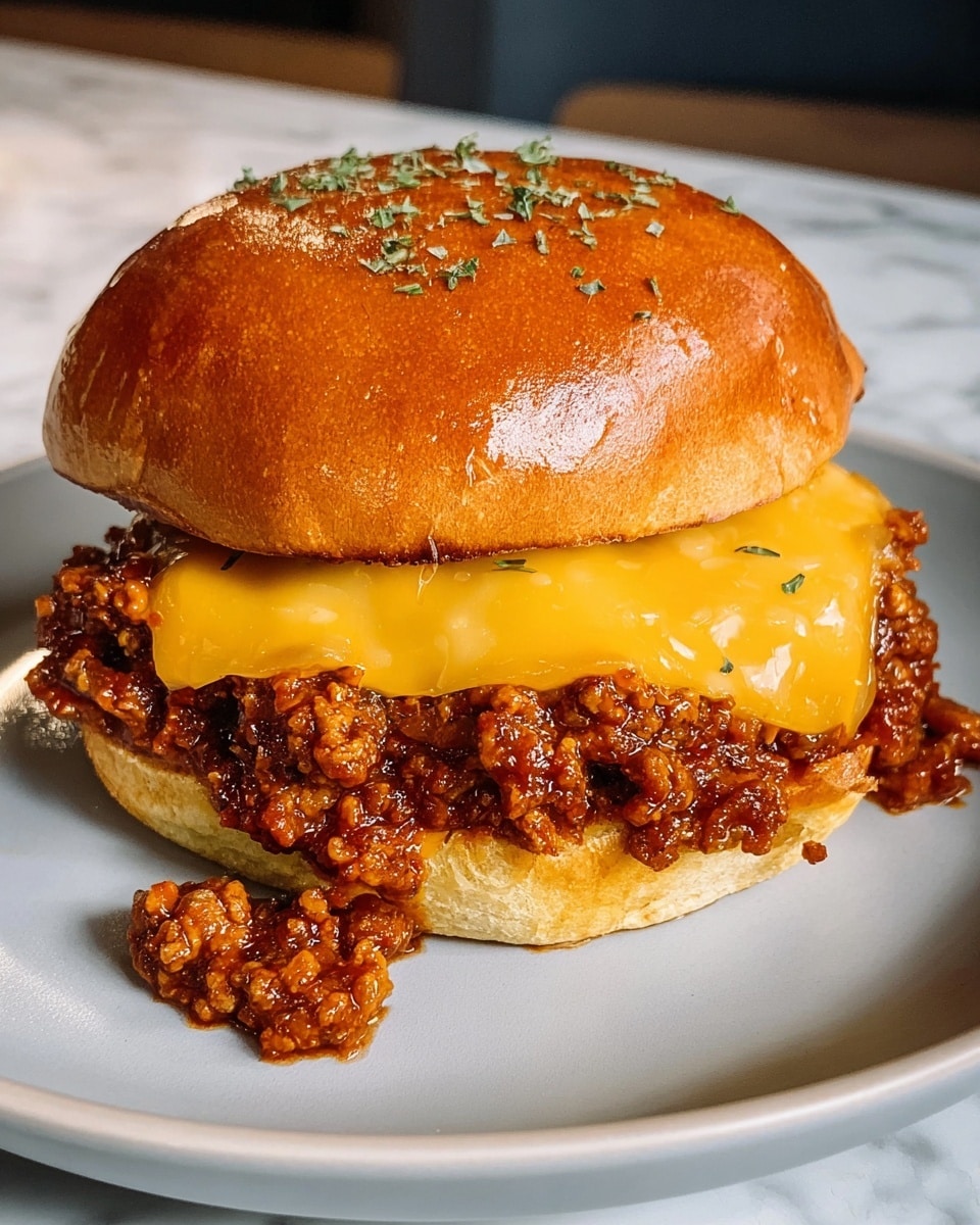 A sloppy joe sandwich on a shiny, golden brown bun with small pieces of green garnish on top. The sandwich has two layers: the bottom layer contains chunky, saucy ground beef in a rich reddish-brown color spilling slightly out of the bun, and the middle layer is a melted, smooth, bright yellow cheese slice partially oozing onto the beef. The sandwich sits on a smooth white plate placed on a white marbled surface, with some sauce spills visible around the sandwich. In the background, a pan with more of the beef mixture is slightly out of focus. Photo taken with an iphone --ar 4:5 --v 7
