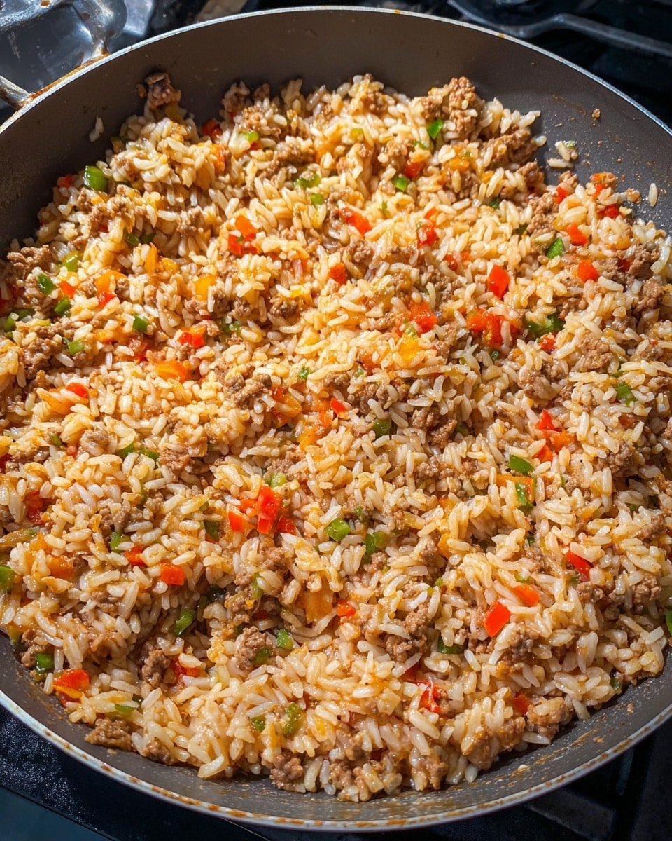 The image shows a large pan filled with cooked rice mixed with ground meat and small chunks of red and green vegetables. The rice is mostly light brown with a moist texture, evenly combined with the meat and diced vegetables, creating a colorful, slightly chunky layer spread across the entire pan surface. The pan is on a stove, and the rice mixture looks well-cooked and ready to serve. Photo taken with an iphone --ar 4:5 --v 7