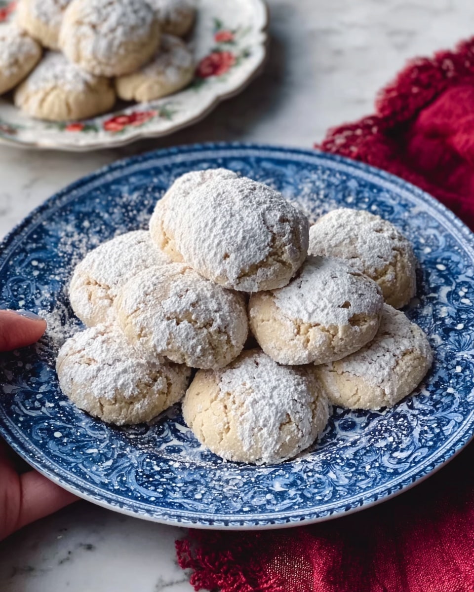 The image shows a blue and white patterned plate filled with soft, round cookies dusted with powdered sugar. Each cookie has a light golden color underneath the white powder and a slightly rough texture. The plate sits on a white marbled surface with a dark red cloth partially visible underneath. In the background, there is a white plate with floral design holding more cookies. A woman’s hand is slightly seen holding the blue and white plate. The scene gives a cozy and fresh baked feel. Photo taken with an iphone --ar 4:5 --v 7
