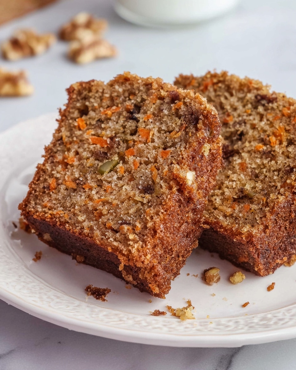 Two thick slices of moist carrot cake rest on a white plate with a delicate embossed pattern. The cake has a soft, crumbly texture with visible bits of shredded orange carrot and small chunks of walnuts scattered throughout. The outer crust is browned and slightly rough, contrasting with the dense, speckled interior that shows light brown and orange hues mixed with darker nut pieces. A few crumbs are scattered near the slices on the plate, which sits on a smooth white marbled surface. In the blurred background, there are pieces of walnut, adding context to the ingredients. photo taken with an iphone --ar 4:5 --v 7