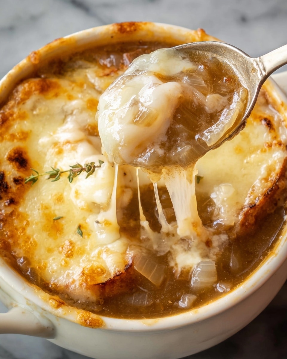 A close-up view of a golden spoon lifting a bite of French onion soup from a white bowl, showing tender, translucent caramelized onion pieces mixed with gooey melted cheese that stretches as the spoon lifts. The soup underneath is rich and brown, with melted cheese forming a creamy, slightly browned layer on top. The bowl rests on a white marbled surface, and a blurred blue cloth is in the background. The woman's hand holding the spoon is partially visible. photo taken with an iphone --ar 4:5 --v 7