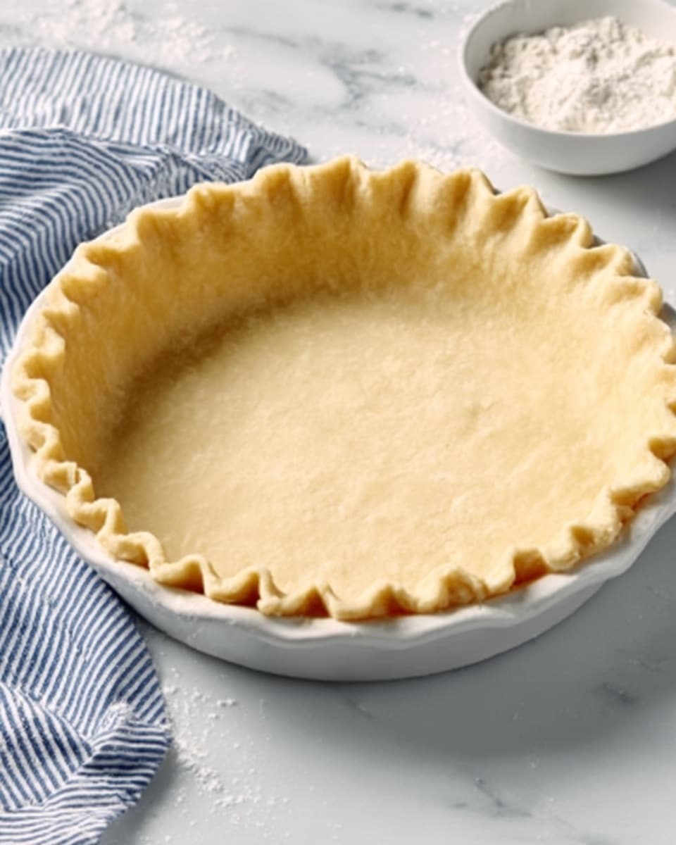 The image shows an empty pie crust in a white pie dish with a neatly crimped edge. The crust has a smooth, light golden color and even thickness, covering the bottom and sides of the dish. The white marbled surface beneath adds a clean and bright background with a folded blue and white striped cloth partially visible on the left side. A small white bowl with some flour is placed on the upper right corner. photo taken with an iphone --ar 4:5 --v 7