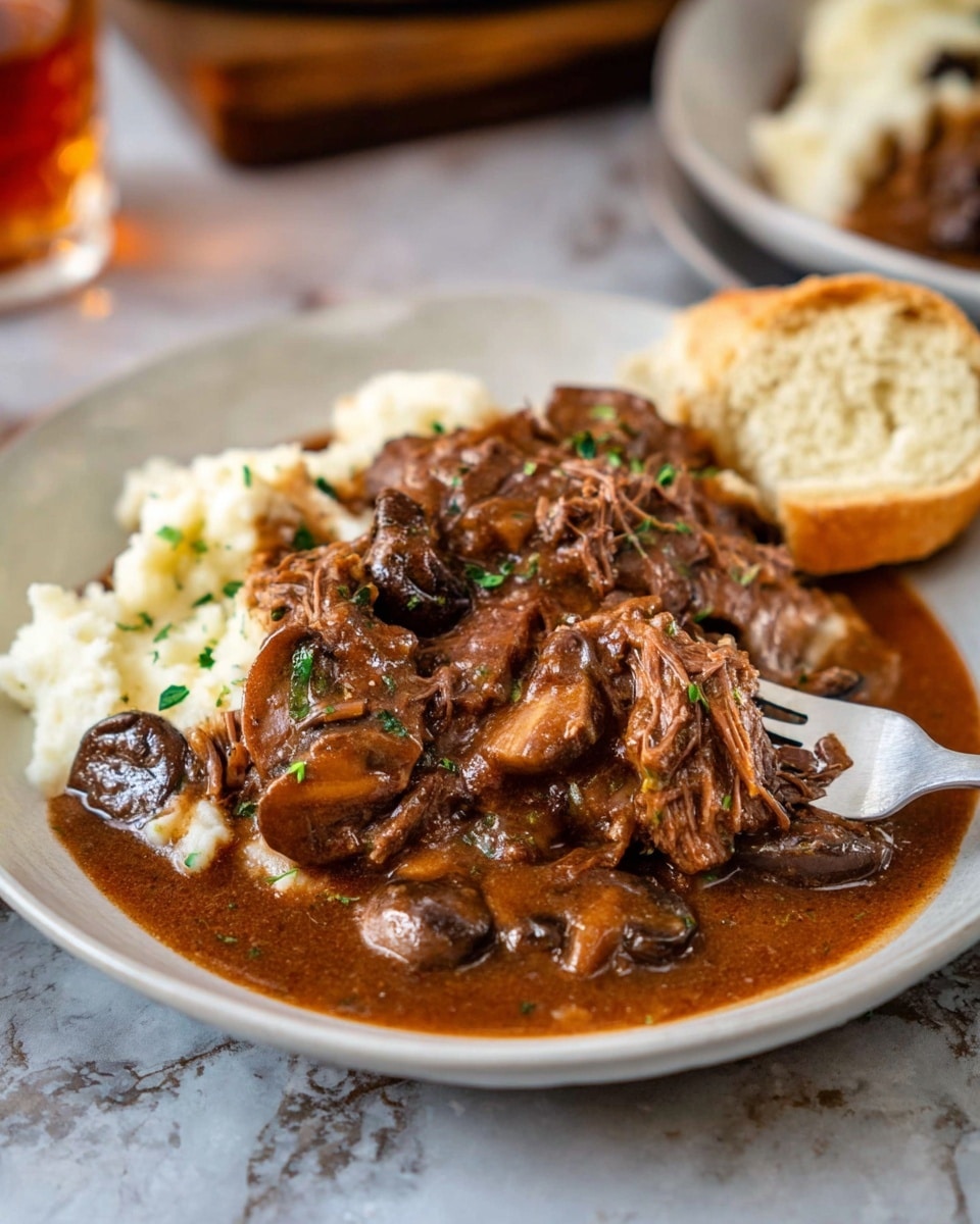 A white plate holds a serving of creamy mashed potatoes as the base layer, topped with a thick, rich brown beef stew with visible chunks of tender shredded beef and sliced mushrooms. The stew is slightly glossy and garnished with small green herbs. On the side, pieces of light brown crusty bread are placed. A woman’s hand holds a fork lifting a bite of shredded beef and mashed potato from the plate. The background shows a blurred white marbled texture surface with hints of another plate and a glass of orange drink. photo taken with an iphone --ar 4:5 --v 7