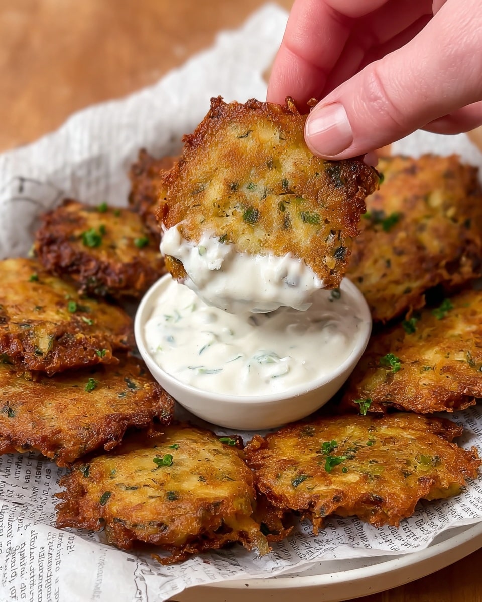 A white bowl with a light orange rim sits on the right side of the image filled with creamy white sauce speckled with green herbs. Surrounding the bowl, there are seven golden-brown, crispy fritters arranged in an arc on white paper printed with vintage black text, all placed on a white marbled surface. The fritters are textured with uneven edges, showing visible pieces of green herbs and bits of vegetables, giving them a rustic, crunchy look with a deep, warm brown color in some spots and lighter golden areas in others. photo taken with an iphone --ar 4:5 --v 7